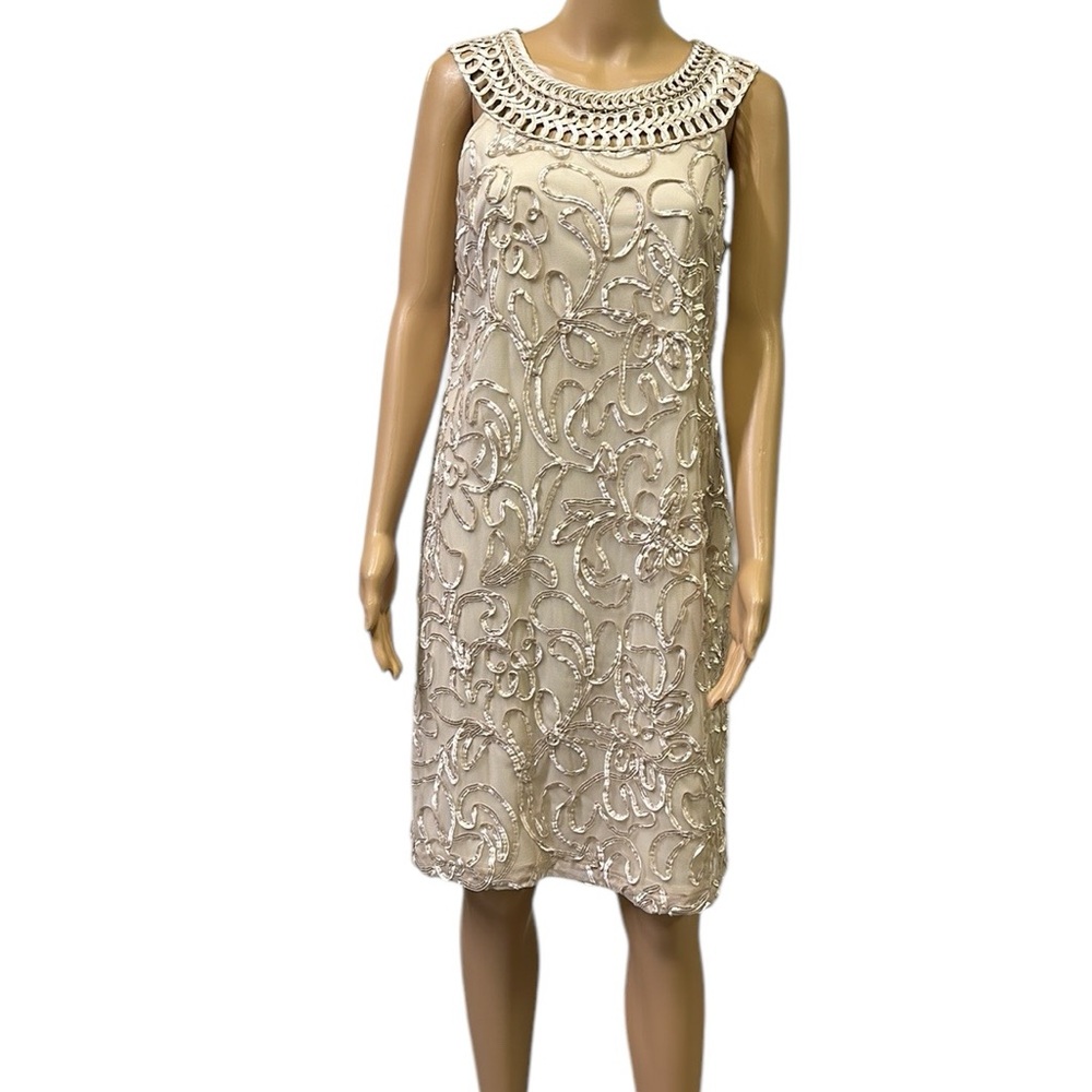 Jessica Howard Champagne Ribbon Floral Overlay Sleeveless Cocktail Dress Size 10